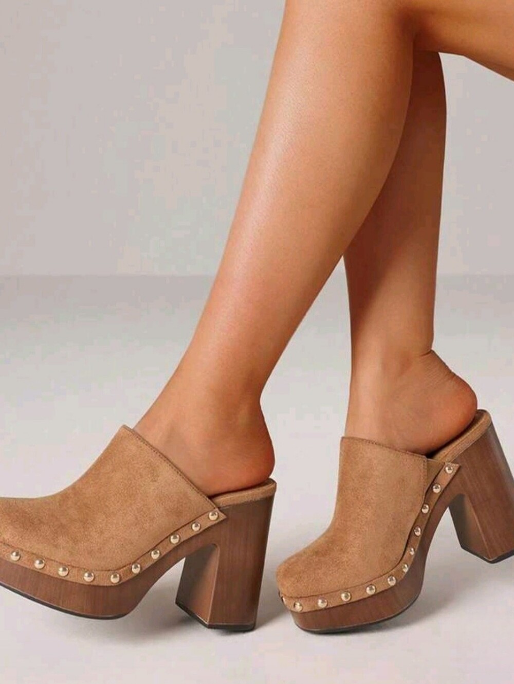SHEIN Tan Faux Suede Studded Platform Clog Mules Wood Look Block Heel NWOT